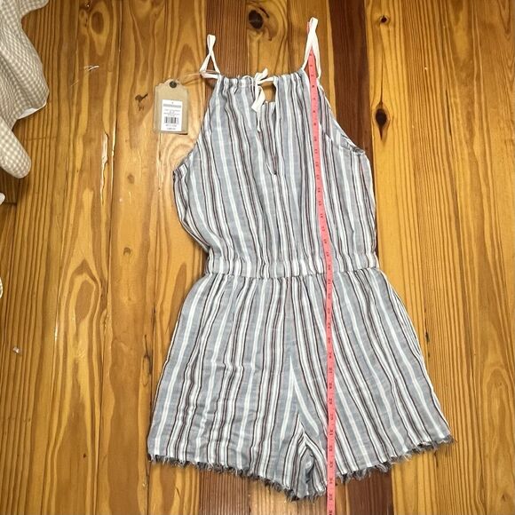 New Striped Romper Sz S Blue White Raw Edge Halter Pockets Beachy True Craft NWT - Picture 7 of 16